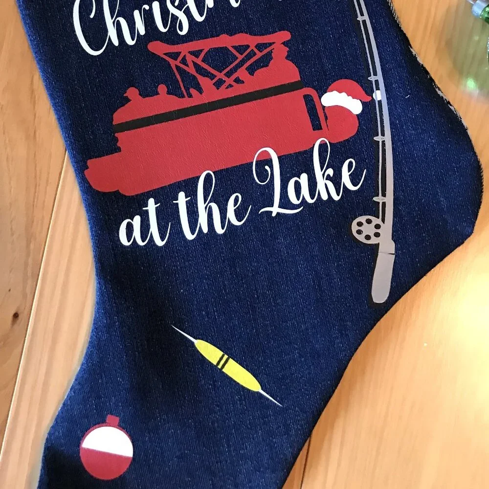 Handmade Denim Christmas Stocking, Lake House Fishing Decor Pontoon Boat S-M